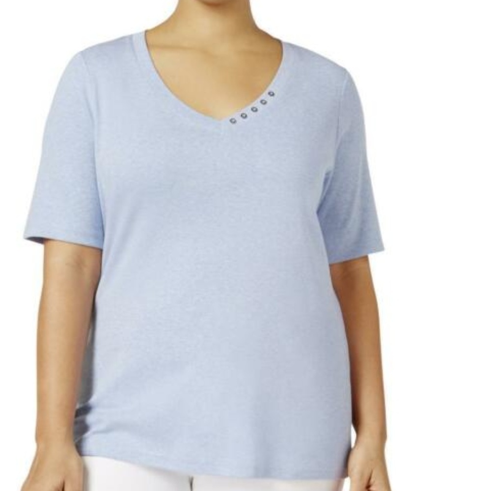Karen Scott Blue V-neck Tee with Button Detail